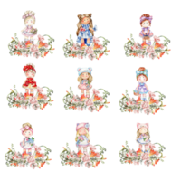 Composition of doll Tilda in dress and freesia flowers. png