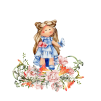 Composition of doll Tilda in dress and freesia flowers. png