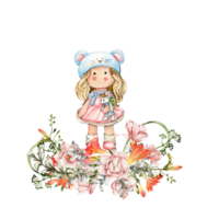 Komposition von Puppe tilda im Kleid und Freesie Blumen. png