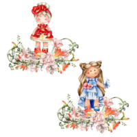 Composition of doll Tilda in dress and freesia flowers. png