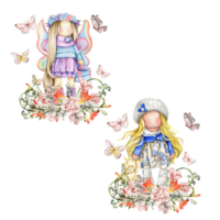 Composition of doll Tilda in dress and freesia flowers. png