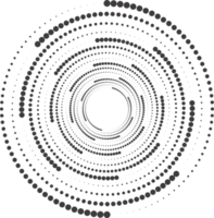 Dotted circle pattern. Abstract half tone graphic. Circular textured round spiral frame. Swirl geometric ring with gradation. png