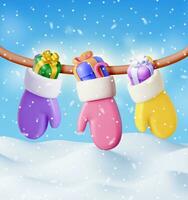 3D Colorful Gloves full of Gifts Hanging on Clothesline. Render Christmas Santa Mitten Isolated. Hanging Holiday Decorations for Gifts. New Year and Xmas Celebration. Realistic Vector Illustration