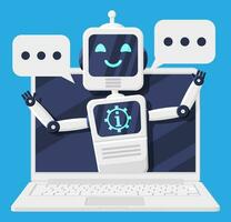 Laptop with Chat Bot Speak in Bubble on Screen. Robot with Speech Window. Chatbot Greets. Online Support Bot. Artificial Intelligence, AI Helper Service and Support Assistant. Flat Vector Illustration