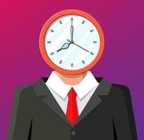 Clock on businessman head. Clock face. Time is money concept. Time management. Control strategy and tasks, business projects planning, deadline. Vector illustration flat style