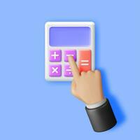 3D Modern Calculator and Hand Isolated. Render Mathematics Icon. Addition, Subtraction, Multiplication and Division Buttons. Arithmetic Operations. Financial Math Device Calculate. Vector Illustration