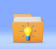 3D Business Folder full of Papers and Idea Bulb Isolated. Render Yellow Folder for Correspondence, File for Paper Documents. Open Folder Icon, Manila Archive Case or Ring Binder. Vector Illustration