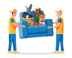 Delivery character man movers carry armchair with household items. Porters carry couch isolated. Moving company with loaders and furniture. Delivery relocation service. Flat vector illustration