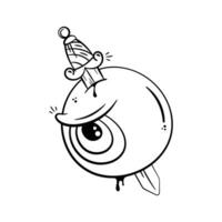 Cartoon style drawing of an eyeball with a party hat and a dagger vector