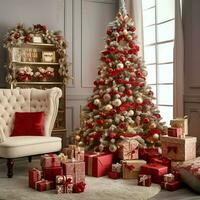 Cosy living room with beautiful christmas tree and red gifts in modern interior. Interior of living room decorated for merry christmas with socks, gift boxes and christmas accessories by AI Generated photo