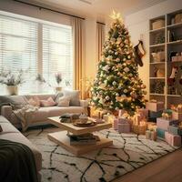 Cosy living room with beautiful christmas tree and red gifts in modern interior. Interior of living room decorated for merry christmas with socks, gift boxes and christmas accessories by AI Generated photo