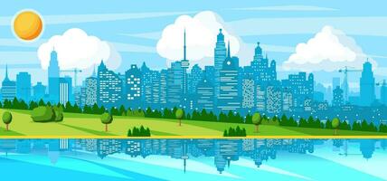 City Landscape with Buildings, River, Hills and Trees. Seaside Cityscape with Modern Architecture. Day Skyline Panorama. Sea and City Park. Urban panoramic landscape. Flat Vector Illustration