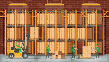 Warehouse shelves with goods, mover and container package boxes. Pile cardboard boxes set. Carton delivery packaging open and closed box with fragile signs. Vector illustration in flat style