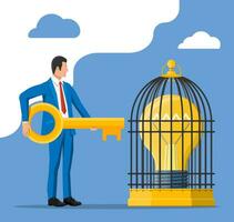 Businessman has key to open cage with big light bulb inside. Concept of creative idea or inspiration, business start up. Glass bulb with spiral and wings in flat style. Vector illustration