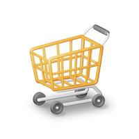 3D Orange Shopping Cart Isolated on White. Render Realistic Shopping Trolley Icon. Empty Shopping Supermarket Basket Front View. Cartoon Vector Illustration