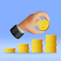 3D Stack of Gold Coins and Hand. Pile of American Dollar Coin in Hand Render. Empty Golden Money Sign. Growth, Income, Savings, Investment. Symbol of Wealth. Business Success. Vector Illustration