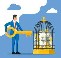 Businessman holding key near bird cage full of coins and banknotes. Solution, winning, future, business success. Key to open door of big opportunities. Achievement and goal. Flat vector illustration