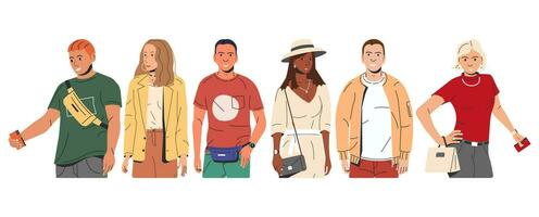 grupo de Moda personas caracteres. joven hombre y mujer en de moda atuendo en pie juntos. chicos y muchachas con diferente peinados y etnias en elegante casual ropa. plano vector ilustración