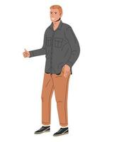 Stylish Man Showing Thumbs Up Sign. Fashionable Young Man Gesturing Sign Thumb Up. Smiling Male in Casual Outfit Standing. Like, Good, Positive Gesture with Hand. Cartoon Flat Vector Illustration