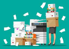 Stressed businesswoman holds pile of office documents. Overworked business woman with stacks of papers. Stress at work. Bureaucracy, paperwork, big data. Vector illustration in flat style