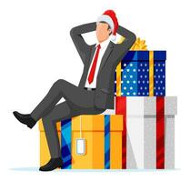 Businessman in Santa Claus Hat Sitting in Stack of Presents. Man and Christmas Gift Boxes. Happy New Year Decoration. Merry Christmas Holiday. New Year and Xmas Celebration. Flat Vector Illustration