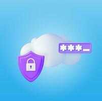 3D White Cloud with Locked Padlock and Password. Render Cloud with Pad Lock Icon. Concept of Cloud Data Protection, Security and Confidentiality. Safety, Encryption and Privacy. Vector Illustration