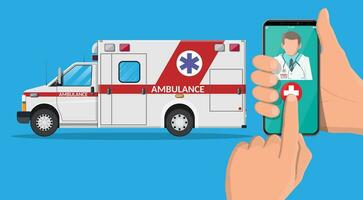 Call ambulance car via mobile phone. Emergency clinic vehicle. Smartphone with doctor and medical van. Healthcare, hospital and medical diagnostics. Urgency services. Flat vector illustration