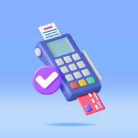 3D Payment Terminal with Card and Receipt Isolated. Render Modern POS Bank Payment Device. Payment NFC Keypad Machine. Credit Debit Card Reader. Contactless Payment Transaction Vector illustration