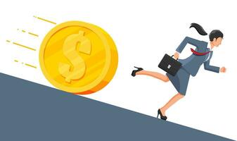Businesswoman running away from big debt golden coin weight. Business woman with briefcase and dollar coin. Tax, debt, fee, crisis and bankruptcy. Vector illustration in flat style