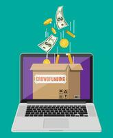 Cardboard box and money on laptop screen. Funding project by raising monetary contributions from people. Crowdfunding concept, startup or new business model. Vector illustration in flat style