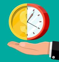 Clock and golden coin in hand. Annual revenue, financial investment, savings, bank deposit, future income, money benefit. Time is money concept. Time management. Vector illustration in flat style