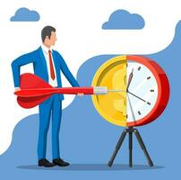 Businessman aim dart to gold coin clocks target. Goal setting. Smart goal. Business target concept. Achievement and success. Time is money. Vector illustration in flat style