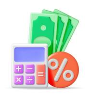 3D Modern Calculator with Percent Symbol and Banknotes. Mathematics. Financial Math Device with Money. Counting Budget and Savings Concept. Checking Profit Investment and Wealth. Vector Illustration