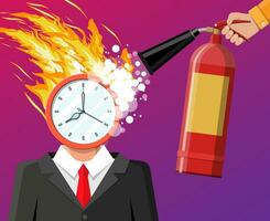 reloj en empresario cabeza en fuego. fecha límite, tarde con trabajando tarea. sobrecargado de trabajo negocio hombre, estresado oficina obrero. hora gestión. controlar estrategia proyectos planificación. plano vector ilustración