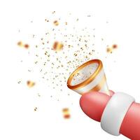 3D Party Popper with Confetti in Santa Claus Hand Isolated. Render Christmas Confetti Collection. Gold Firecracker Elements in Various Shapes. New Yeah and Christmas Events. Vector Illustration