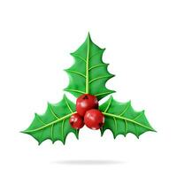 3D Christmas Twig of Holly with Leaves and Berries Isolated. Render Mistletoe Plant. Happy New Year Decoration. Merry Christmas Holiday. New Year and Xmas Celebration. Realistic Vector Illustration