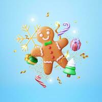 3D Holiday Gingerbread Man Cookie and Confetti. Render Cookie in Shape of Man with Colored Icing. Happy New Year Decoration. Merry Christmas Holiday. New Year Xmas Celebration. Vector illustration