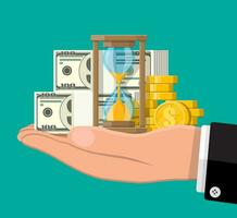 Money with hourglass clock in hand. Return on investment, gold coin increasing chart. Growth, income, savings, investment. Symbol of wealth. Business success. Flat style vector illustration.