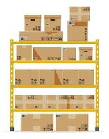 Metallic shelves with carton brown boxes. Goods and container package. Pile cardboard boxes set. Delivery packaging open and closed box with fragile signs. Vector illustration in flat style