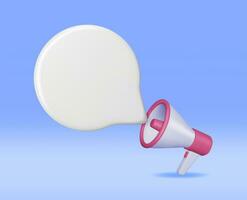 3D Megaphone with Blank Bubble Chat Isolated. Render Plastic Megaphone Realistic. Modern Bullhorn or Loudspeaker. Announcement Message, Marketing, Job, Attention. Vector Illustration