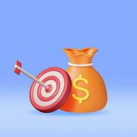 3D Coin Bag and Target with Arrow Isolated. Render Dartboard with Arrow and Money Sack. Business or Finance Target Concept. Targeting Audience. Achievement and Success. Vector Illustration