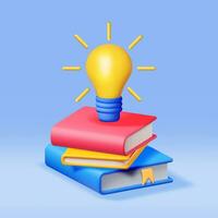 3D Stack of Closed Books with Light Bulb. Render Pile of Books and Idea Bulb. Set of Educational or Business Literature. Reading Education, Literature, Encyclopedia, Textbook. Vector Illustration