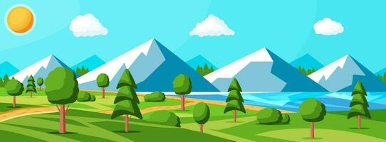 Landscape Of Mountains And Green Hills. Summer Nature Landscape With Rocks, Forest, Grass, Sun, Sky, Lake and Clouds. National Park or Nature Reserve. Vector Illustration In Flat Style