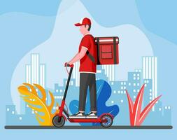 entrega hombre montando patada scooter con el caja. concepto de rápido entrega en el ciudad. masculino mensajero con paquete o empaquetar caja en su espalda con bienes y productos paisaje urbano antecedentes. plano vector ilustración