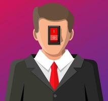 Businessman with power switch in head. Switcher turns on brain for good ideas. Selector for productivity, work, creativity and motivation. Turn off negative thinking. Flat vector illustration