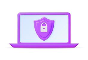 3D Laptop Computer with Shield Lock on the Screen. Render Notebook with Padlock. Concept of Computer Security, Data Protection and Confidentiality. Safety, Encryption and Privacy. Vector Illustration