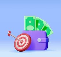 3D Wallet with Dollars and Target with Arrow Isolated. Render Dartboard with Arrow and Money. Business or Finance Target Concept. Targeting Audience. Achievement and Success. Vector Illustration