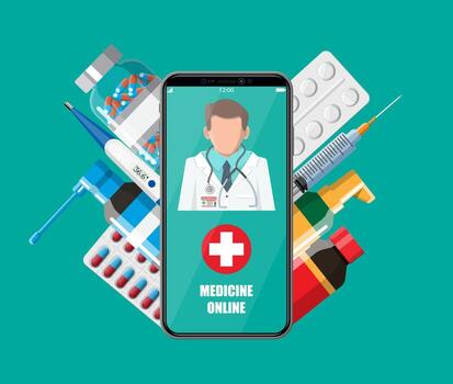 móvil teléfono con Internet farmacia compras aplicación pastillas y botellas, medicina en línea. médico asistencia, ayuda, apoyo en línea. salud cuidado solicitud en teléfono inteligente vector ilustración en plano estilo
