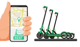 Renting Electric Scooter Concept. Hand with Smartphone and Kick Scooter. Rent of Scooters Service, Rental Sharing App. Modern Urban Transportation. Cartoon Flat Vector Illustration