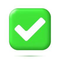 3D Right Button in Square Shape. Green Yes or Correct Sign Render. Green Checkmark Tick Represents Confirmation. Right Choice Concept. Agreement, Approval or Trust Symbol. Vector Illustration